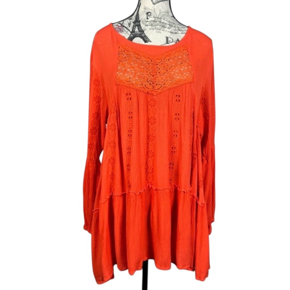 Adiva Vibrant Boho ChicOrange Tunic with Crochet Accents keyhole back size Large